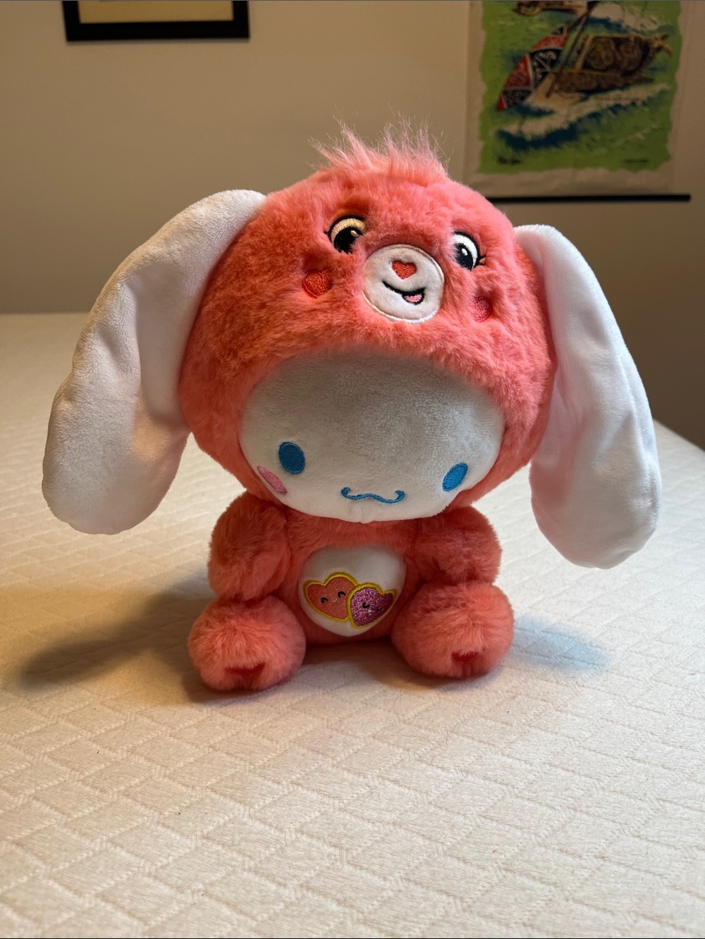 Hello Kitty cinnamoroll Coral-Pink Bunny Plush with Heart Patch, 11” high